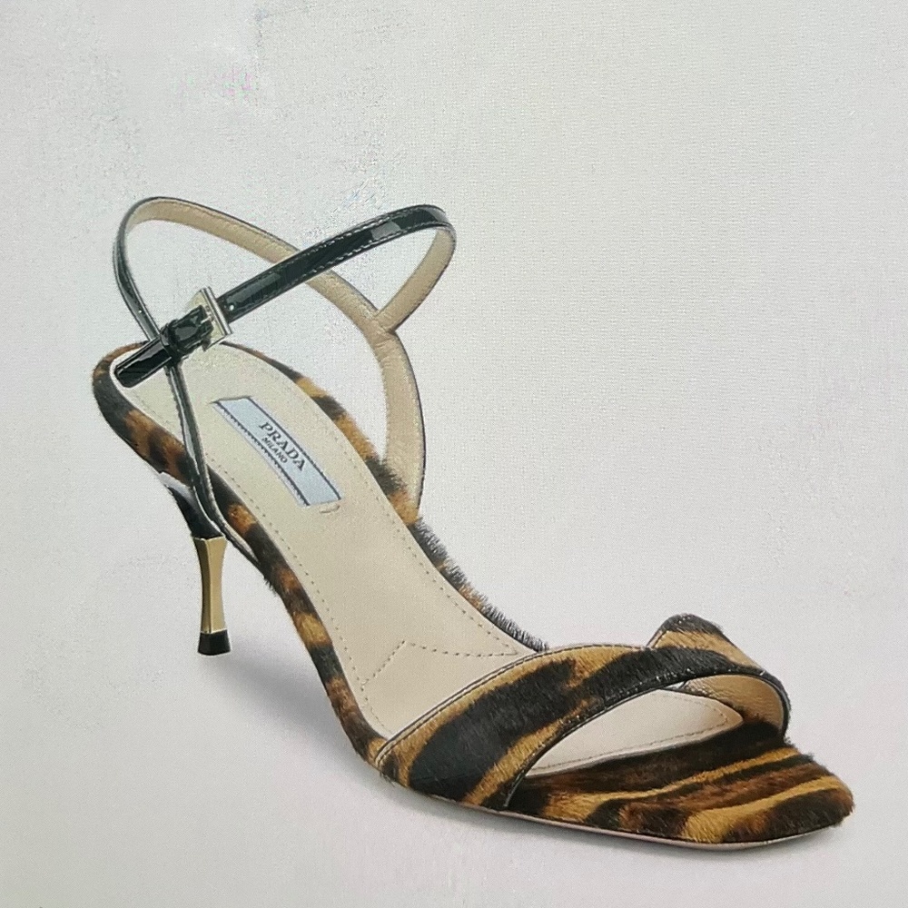 Prada Cavolino Kitten-Heel Ocelot-Print Calf Hair Sandals. Size 36 EU/6US.
